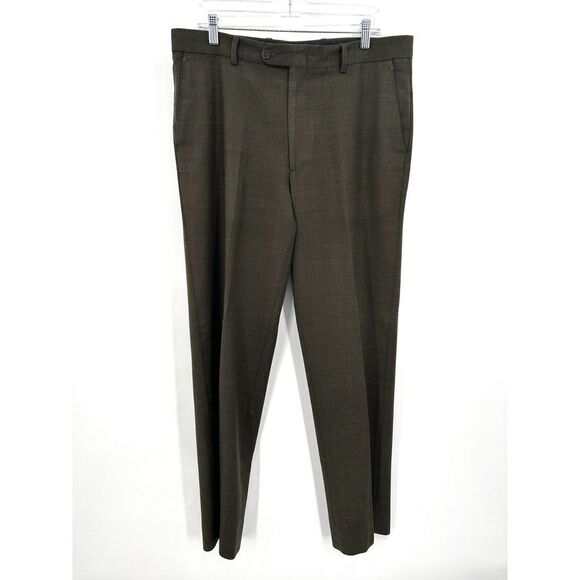 LINEA NATURALE Luxe Men's 100% Wool Olive Green Straight Leg Dress Pants Size 35 - Picture 1 of 5